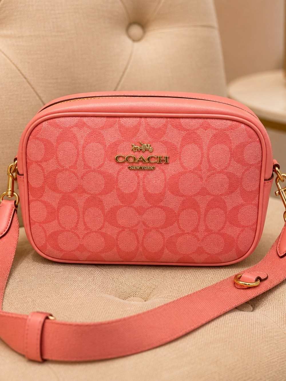 COACH Coral Signature Crossbody Camera Bag with Gold Hardware